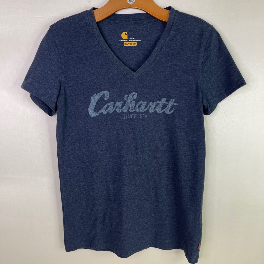 Carhartt Blue Gray Graphic V-Neck Short Sleeve Relaxed Fit Tee S 4/6